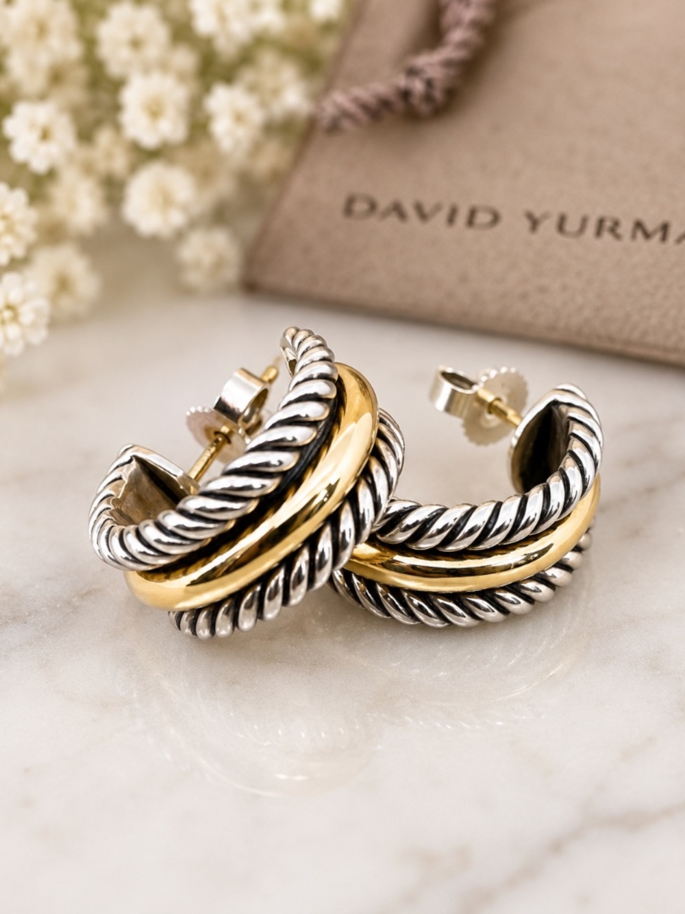 David Yurman Cable Thoroughbred Huggie Hoop Earrings Sterling Silver & 14K Gold